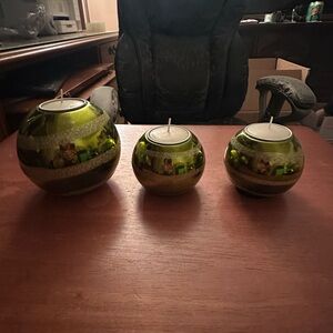 Green Glass Candle Holders Set